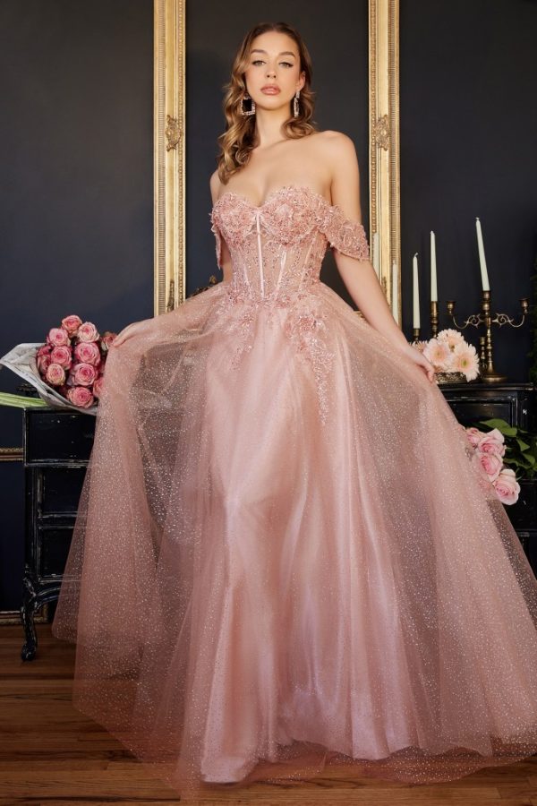 Glittrig rosa A-linje balklänning med off-shoulder korsett i spets med blomsterbroderi och vacker kjol av märket Cinderella