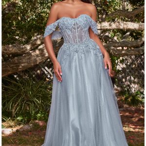 Glittrig blå A-linje balklänning med off-shoulder korsett i spets med blomsterbroderi och vacker kjol av märket Cinderella