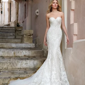 Axellös bröllopsklänning i mermaid design med vacker detalj broderi, svepsläp av märket Nicole Milano.